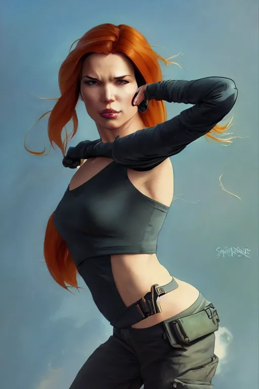 Image similar to gta kim possible as aeon flux profile picture by greg rutkowski, dynamic pose, intricate, futuristic, fantasy, elegant, by stanley artgerm lau, greg rutkowski, thomas kindkade, alphonse mucha, loish, norman rockwell, fantasy lut, asymmetric, long hair, retro computer graphics, video game, fluid lines,