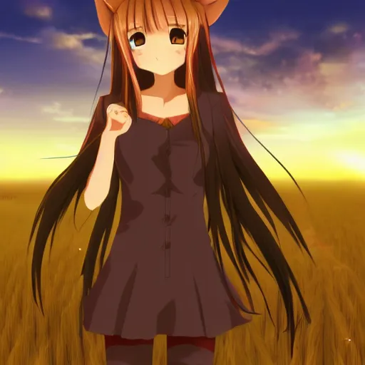 Image similar to anime illustration of Holo from Spice and Wolf standing in a wheat field at sunset, Holo if a wolf girl, high detail, trending on pixiv