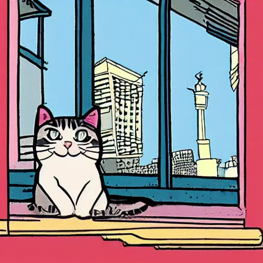 Prompt: a cat resting peacefully on a city balcony, old cartoon