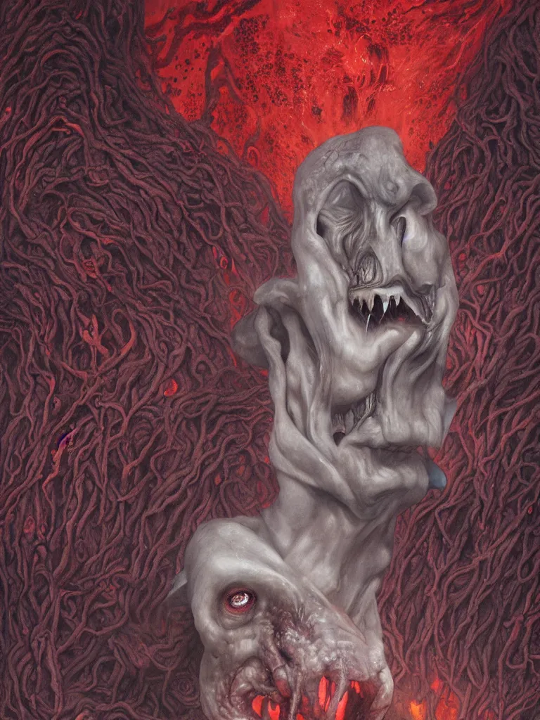 Prompt: wayne barlowe painting of a flying sorrowful looking severed human head with tears running down it's eyes, face that is chalk white in color, with long white tentacles stemming from it's neck, fiery scorching red eyes, background sprawling terrifying hellish cave with lava flowing through it's walls, 4 k