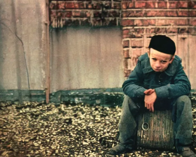 Image similar to a lomographic portrait photo of soviet boy in soviet yard in small town, bokeh