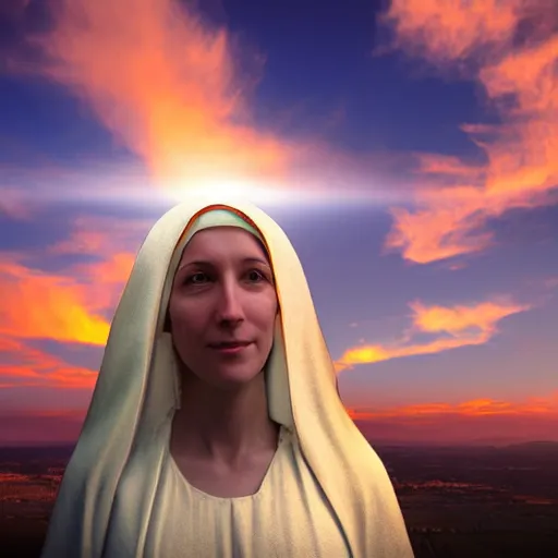 Image similar to a realistic digital photo of virgin mary as sunset clouds