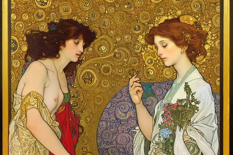 Image similar to the annunciation oil painting cross between the styles of alphonse mucha and gustav klimt gold leaf, intricate detailed,