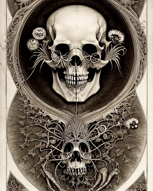 Image similar to art forms of nature by ernst haeckel, memento mori by arthur rackham, ornate antique porcelain beautiful skull mask, ultrasharp, photorealistic, hyperdetailed, octane render, polished, art nouveau, neo - gothic, gothic, intricate ornamental organic filigree, art nouveau botanicals, art forms of nature by ernst haeckel, horizontal symmetry, symbolist, visionary