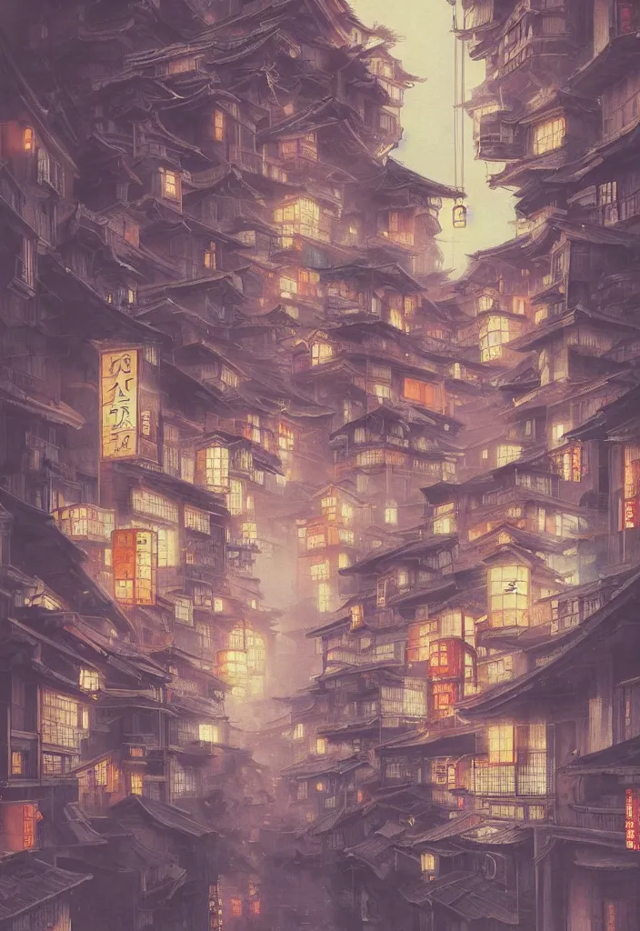 Image similar to a beautiful japanese city in the mountain, amazing ryokans and gorgeous edo era houses, yokai characters. epic cyberpunk. visible pipes, lanterns, lofi vibe, vivide colors, amazing light, light beams with dust, mesmerizing nature, by jeremy lipkin, by claude monet, by makoto shinkai, futuristic city, inspired by ghibli, masterpiece