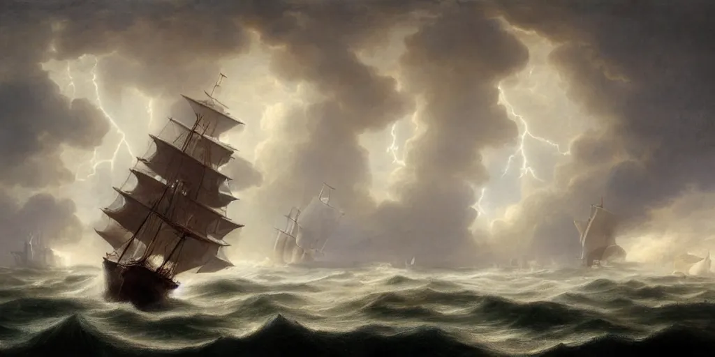 Image similar to a sail powered pirateship sailing through a powerful lighting storm, cliffs can be seen in the background, in the style of hudson river school, trending on art station, done in all blues