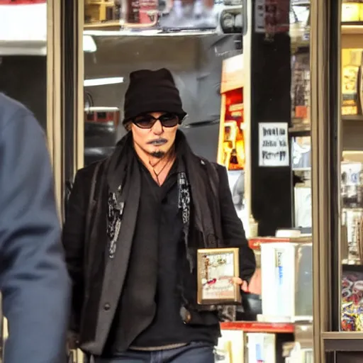 Image similar to paparazzi photo of Johnny Depp robbing a small business, wide angle, fisheye, uhd, 8k, award winning,