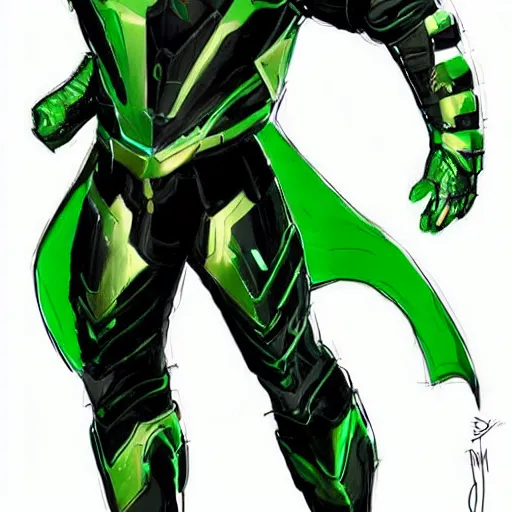 Image similar to realistic mcu full body concept art for a sci fi superhero in green and black armor with a long golden cape with green energy coming from his hands