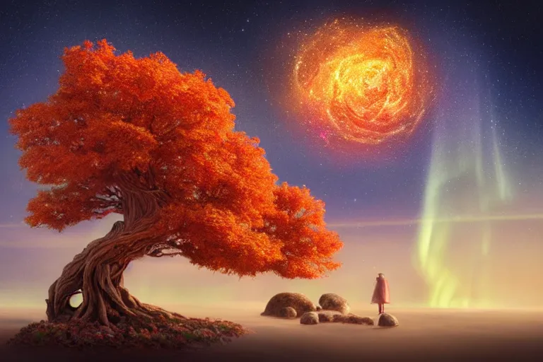 Image similar to caressed by the music of the spheres, sound pours forth like an aurora of gnostic time knowledge, celestial love touches every star, a zen raked sand garden with an autumn maple bonsai that is yggdrasil by jessica rossier