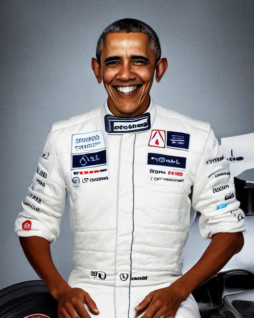 Image similar to a portrait of barack obama as a mercedes f 1 driver in a white overall with the face of barack obama, outdoor, professional portrait photography, ambient light