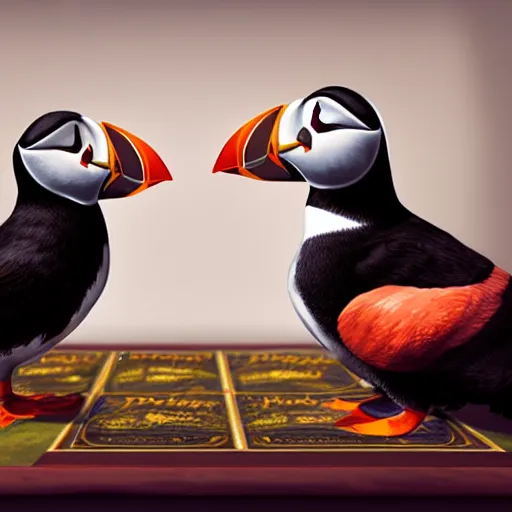 Image similar to puffin playing board game, cinematic, cinematic lighting, trending on Artstation, Cgsociety, detailed, 4k, very realistic