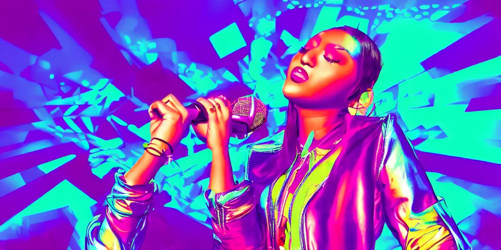 Image similar to lady rapper performing at huge festival holding microphone, epic pose, digital art, vaporwave, psychedelic, surreal, hip hop, trending on Artstation, professional artist, detailed, 4k