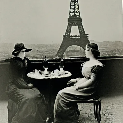 Prompt: Two victorian women sitting by a table outside a cafe in paris, eiffel tower visible in the background, moonlit scene, black and white vintage photograph