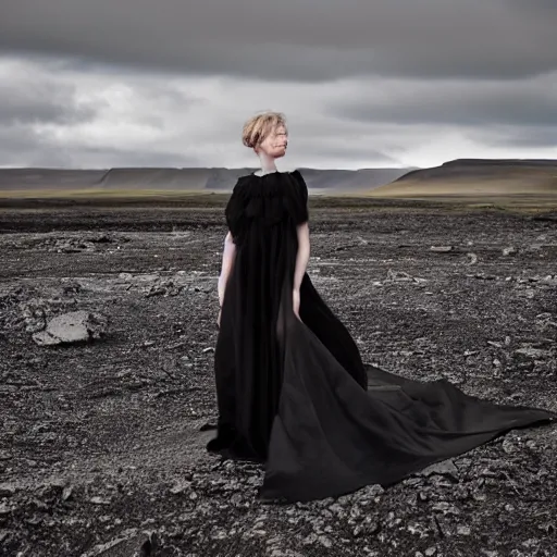 Prompt: ultra closeup portrait, comme des garcon black silk gown, iceland background, by lurie belegurschi and gunnar freyr