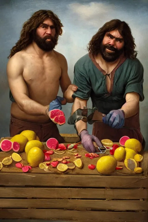 Image similar to a hyperrealistic portrait of two cavemen performing open heart surgery on a crate of lemons with tools made of bubblegum , 8k