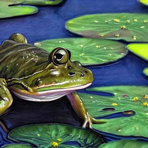 Image similar to oil painting close - up of a smiling frog in the pond with water lilies, high grey medieval castle on background, shallow depth of field, highly detailed, ominous, digital art, masterpiece, matte painting, sharp focus, matte painting, by isaac levitan, monet, asher brown durand,