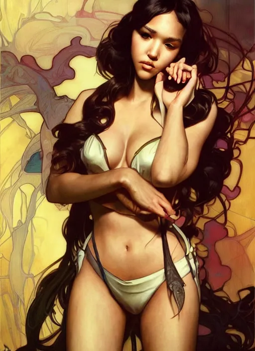 Prompt: intense fan art concept art by artgerm, tooth wu, bierstadt, gurney, stalenhag and alphonse mucha. an incredible collage of countless pin - ups of jessica alba as betty page in every form, contour light effect!! 8 k, stage light. octane render. smooth. sharp edge. ultra clear detailed, full body various poses!!