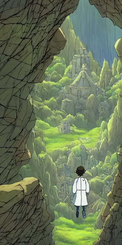 Prompt: unrealistic interior shot from howls moving castle ( 2 0 0 4 ) of a scientist landing on the ground in a woodland pyramid valley. cartoon depth of field.