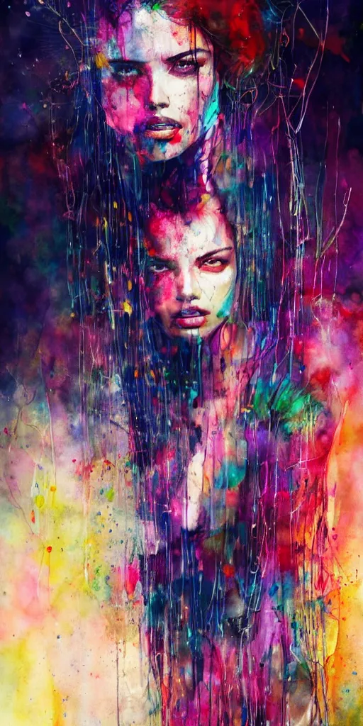 Image similar to adriana lima by agnes cecile enki bilal moebius, intricated details, sitting on a stool, full body portrait, extremely luminous bright design, pastel colours, drips, autumn lights