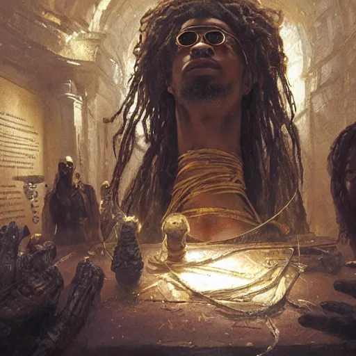 Prompt: looking down at a black man with long curly hair, wearing magical glasses, mummified in bandages, lying in a golden sarcophagus on display in a museum, fantasy painting by greg rutkowski