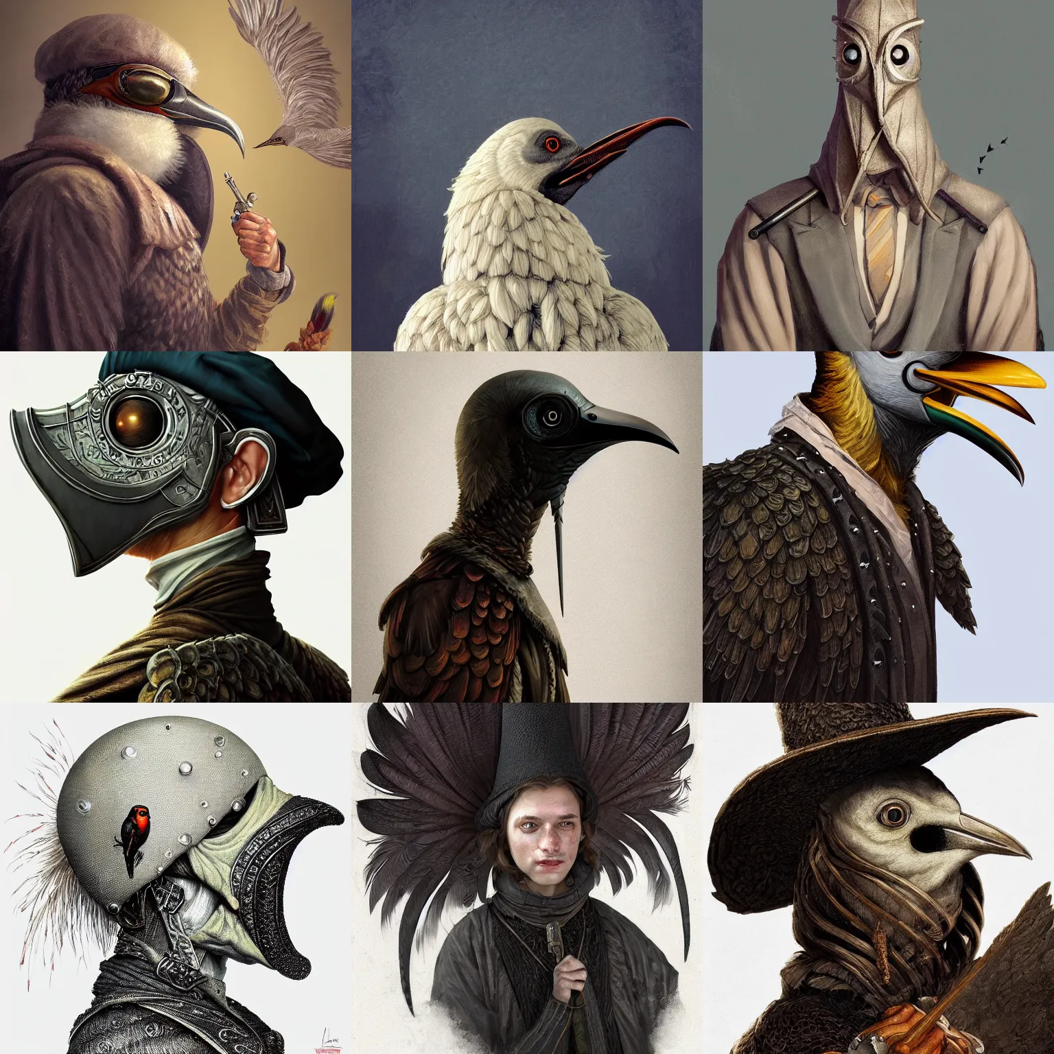 Prompt: rpg! profile! portrait of humanoid bird on white background, beak, feathers, beautiful clothes, d & d, plague doctor, intricate, highly detailed, digital painting, artstation, concept art, smooth, sharp focus, illustration, art by norman rockwell emiliano ponzi andrey remnev yoann lossel aaron jasinski, 8 k