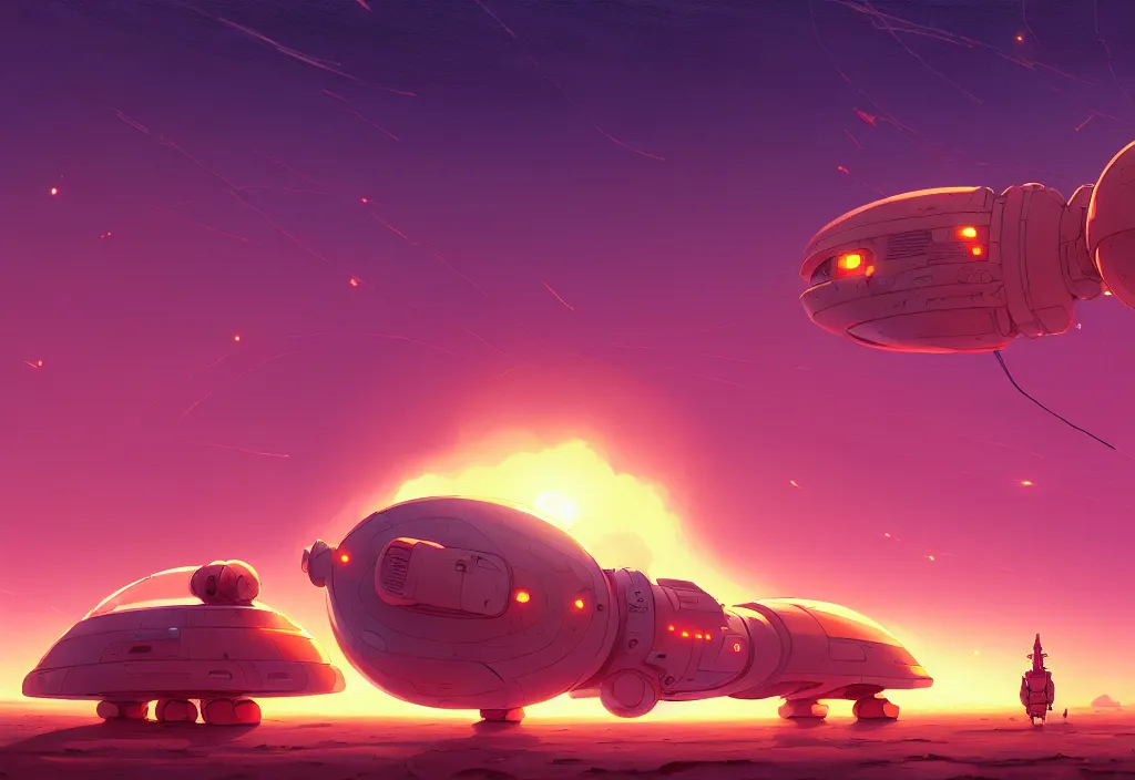 Prompt: a small and chubby spaceship in a desert at dawn with electric cables on the ground, intricate oil painting, high detail illustration, sharp high detail, manga and anime 1 9 9 9, official fanart behance hd artstation by jesper ejsing and makoto shinkai, 4 k,