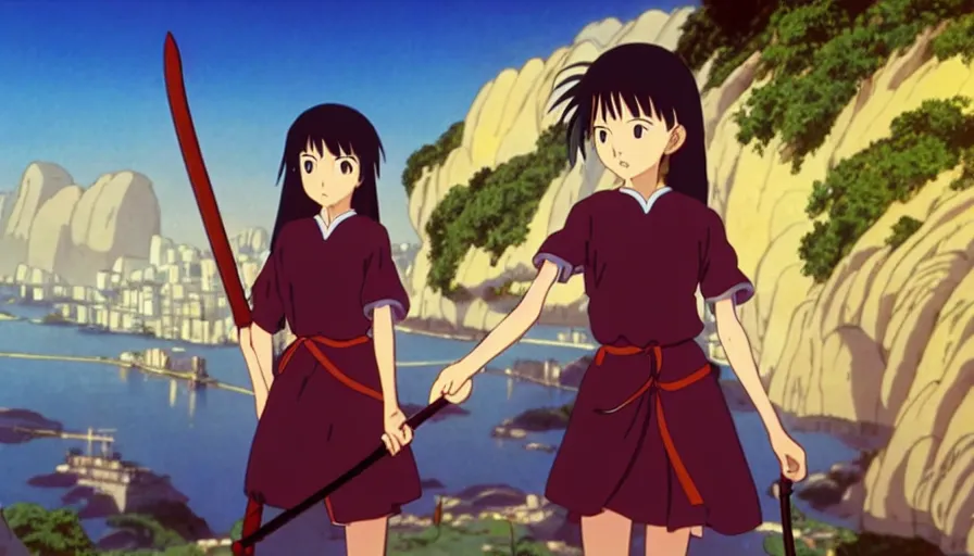 Prompt: 8 k screencap of a girl with a sword on a rio de janeiro anime, by hayao miyazaki, studio ghibli, rio background extremely high quality artwork