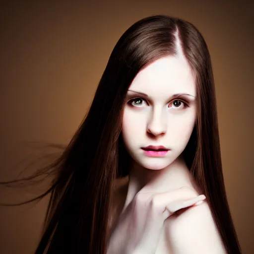 Image similar to beautiful young woman with long straight dark hair, pale skin, brown eyes portrait, photograph, intricate complexity, rule of thirds, dramatic lighting dark background