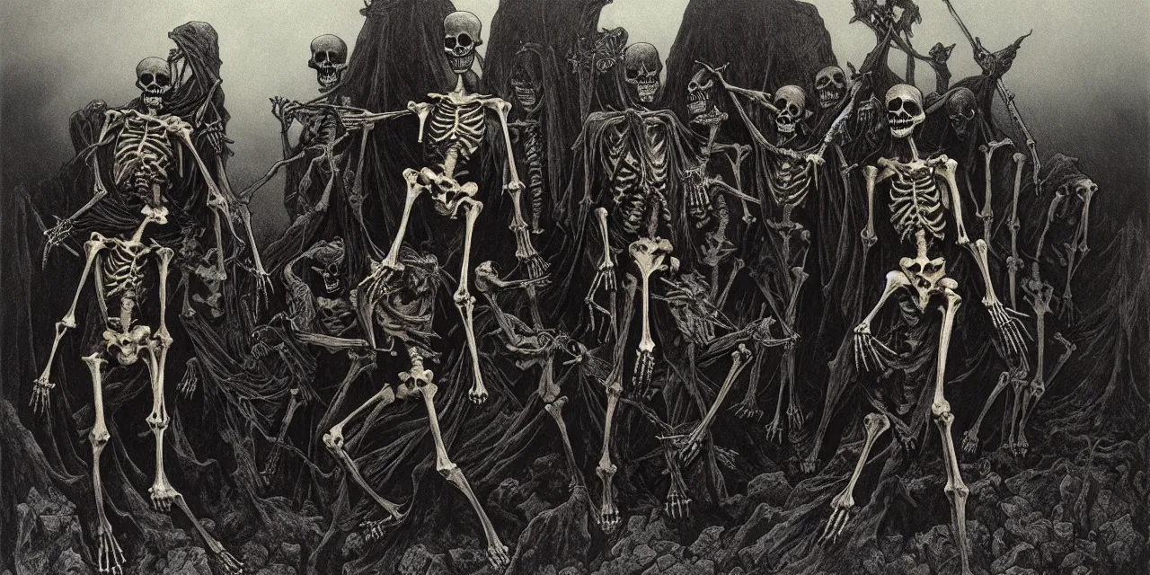 Image similar to satanic skeleton gang emerge from the cemetery on a dark night by zdzisław beksinski and gustave dore and alphonse mucha