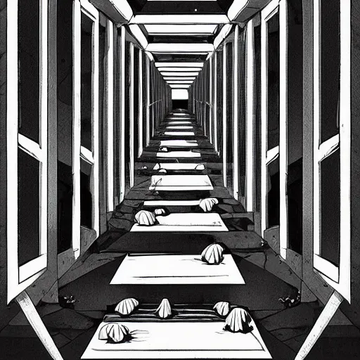 Prompt: a bright white hallway with many doors and stairs full of fungus and mushrooms and rot, Mc Escher architecture, decay, artstation