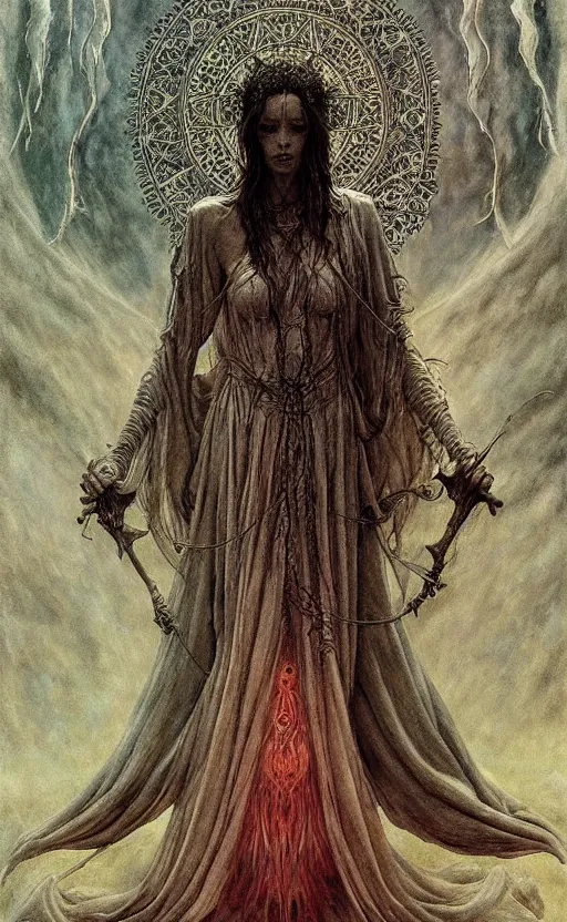 Image similar to a tarot card of a goddess in white robe, cinematic lighting, highly detailed, symmetric, concept art, masterpiece, fantasy art, hyperdetailed, hyperrealism, saturated colors, art by zdzistaw beksinski, arthur rackham, dariusz zawadzki, larry elmore