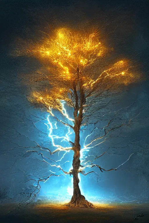 Image similar to a tree with lightning for leaves, overexposure, electricity, night, unreal engine, digital art, 8 k, oil painting, fantasy art, illustration, detailed and intricate environment