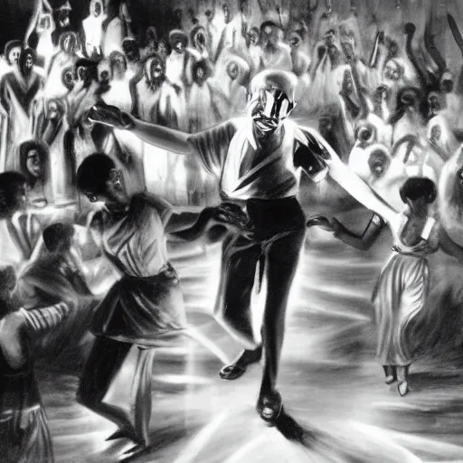 Prompt: painting of photo realistic mahatma gandhi disco dancing in an english club of 1 9 6 0's, volumetric lightning