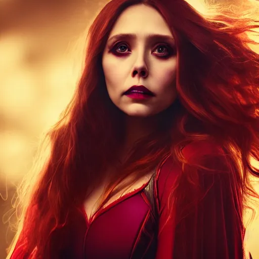 Prompt: Elizabeth Olsen as the Scarlet Witch in emo attire and heavy alt makeup, trending on artstation, gloomy atmosphere, photorealistic facial features, 4k, 8k