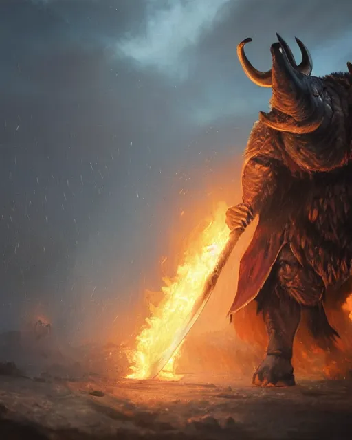 Image similar to oil painting of Anthropomorphized Rhino, wearing fur cloak, sharp focus, holding gigantic burning Axe, warrior clothes, heroic pose, dramatic artwork, fantasy style, octane render, volumetric lighting, 8k high definition, by greg rutkowski, highly detailed, trending on art Station, magic the gathering artwork, burning fire Battlefield background, centered