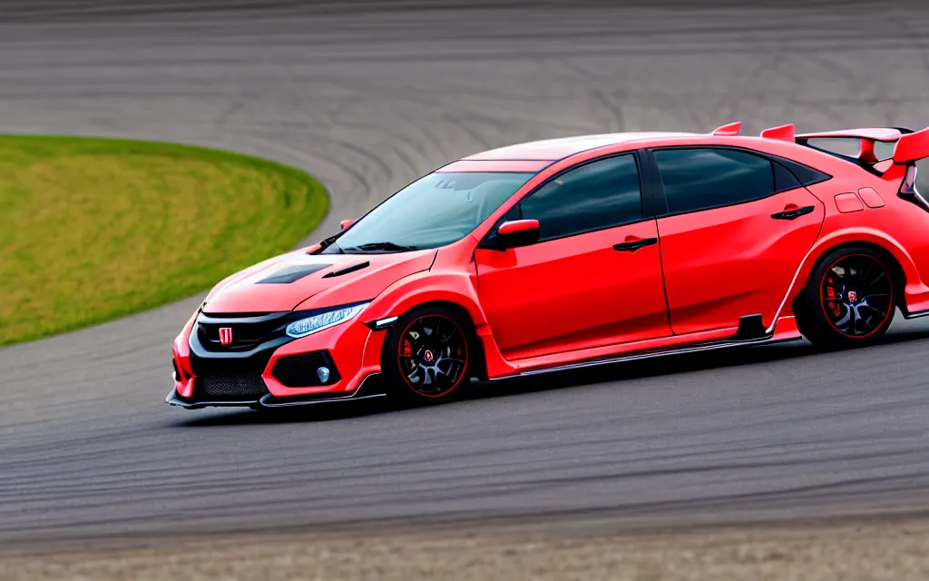 Image similar to digital photo of a Honda Civic Type-R racing on a track, closeup 3 quarter front view