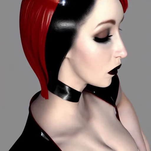 Prompt: an elegant curvy feminine pale goth cutie wearing an elaborate latex-nylon-leather striped red-black-silver-gold neck-high dress, thin waist, cgsociety, photorealistic, 16k, smooth, sharp focus, trending on ArtStation, volumetric lighting, worksafe, sublime-comforting-intriuging ambience