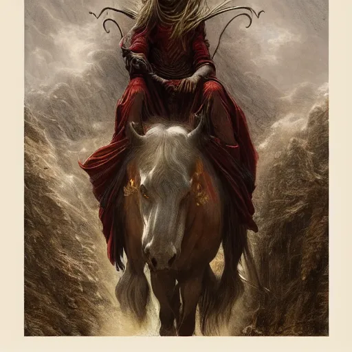 Prompt: a masterpiece! photographic portrait of a a cloaked woman riding the back of a scarlet - colored beast!! with seven heads!! and ten horns!! by gustave dore and sam spratt and allen williams, trending on artstation, cgsociety, 8 k hd, earthtone colors,