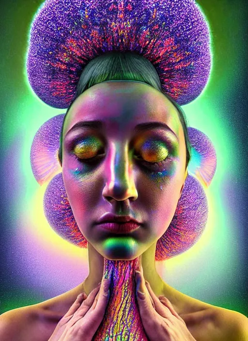 Image similar to hyper detailed 3d render like a Oil painting - Aurora (metallic iridescent rainbow faced goddess) seen Eating of the Strangling network of yellowcake aerochrome and milky Fruit and Her delicate Hands hold of gossamer polyp blossoms bring iridescent fungal flowers whose spores black out the foolish stars by Jacek Yerka, Mariusz Lewandowski, Houdini algorithmic generative render, Abstract brush strokes, Masterpiece, Edward Hopper and James Gilleard, Zdzislaw Beksinski, Mark Ryden, Wolfgang Lettl, hints of Yayoi Kasuma, octane render, 8k