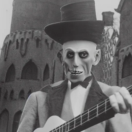 Image similar to vintage photograph of count orlok outside his castle, playing the blues on guitar, castle in the background, 4 k