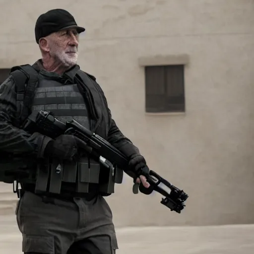 Image similar to Film Still of Mike Ehrmantraut carrying a sniper rifle and wearing a bulletproof vest, 4k, highly detailed