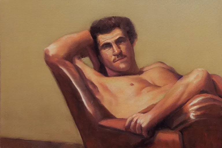 Image similar to a oil painting painting of a caucasian man wearing clothing relaxing on a brown reclined leather chair