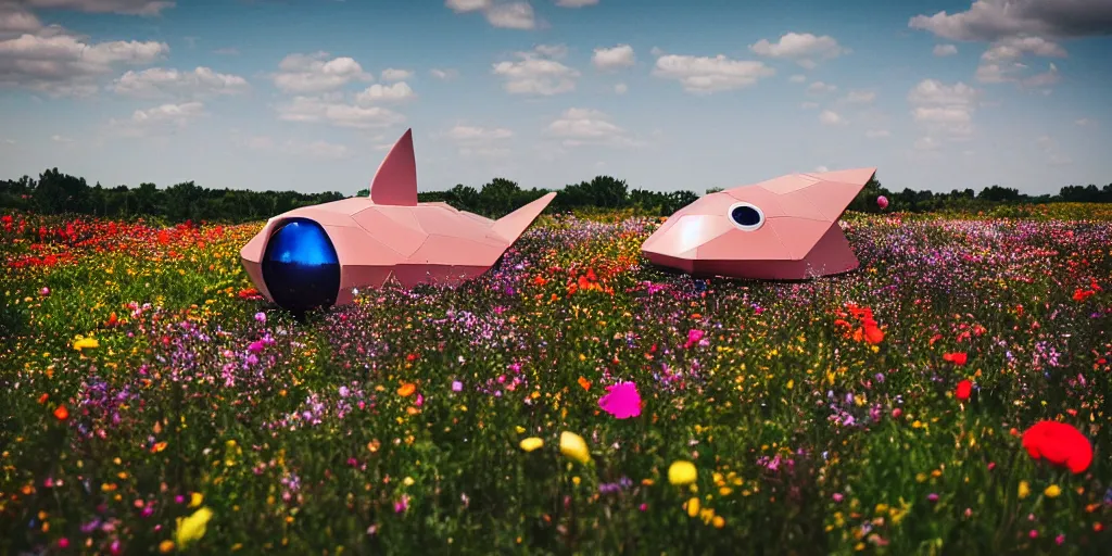 Prompt: a spaceship landing in a field of flowers with retro thrusters firing