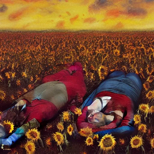 Prompt: a stunning and moody painting of many dead russian soldiers lying in blood amid a field of sunflowers as painted by francis bacon, artstation, concept art, impressionism, hyperdetailed