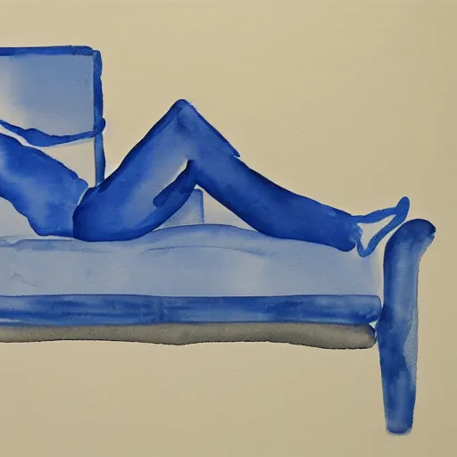 Prompt: a minimalist painting of a charming man reclined on a sofa. 1991. Watercolor and Acrylic on Paper