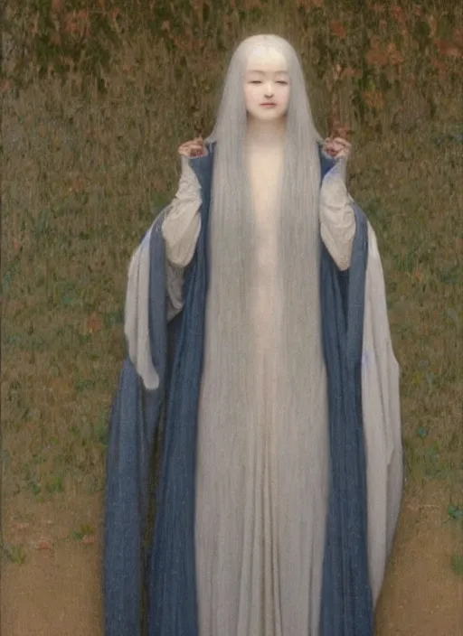 Image similar to thin young beautiful girl with silver hair, pale!, wearing robes, wearing hair, goddess, pale smooth, young cute wan asian face, silver robes!!, oil on canvas by jean delville, 4 k resolution, aesthetic!,