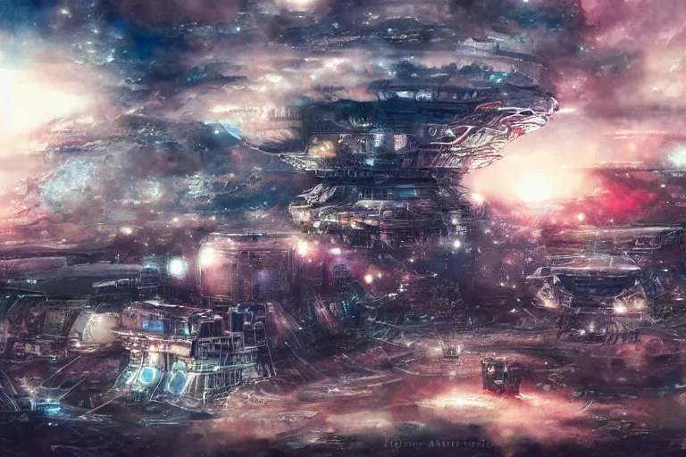 Image similar to a vast planetary sci-fi city by Yoshitaka Amano, watercolor illustration, artstation, dramatic scenery, masterpiece, aesthetic