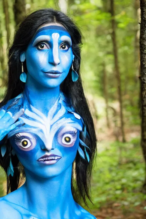 Prompt: an italian woman dressed as a blue-skinned female navi from avatar standing in a forest, blue body paint, high resolution film still, 8k, HDR colors, cosplay, outdoor lighting, high resolution photograph, photo by bruce weber, beautiful symmetric face, beautiful gazing eyes