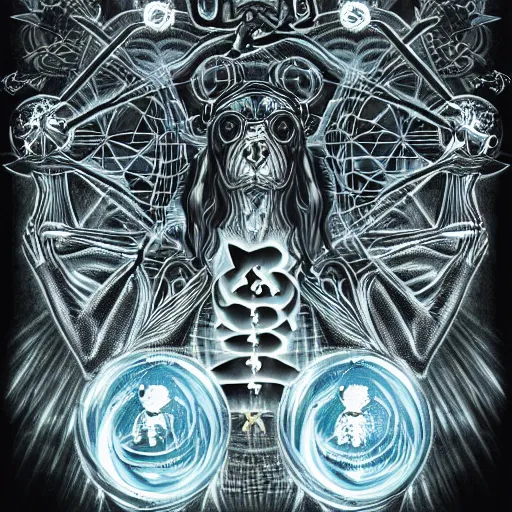 Prompt: three - headed cyberpunk hell - dog standing proudly at the top of a very steep hill, sacred geometry, alchemy background, merkabah, psychedelic, graffiti, in the style of alex grey