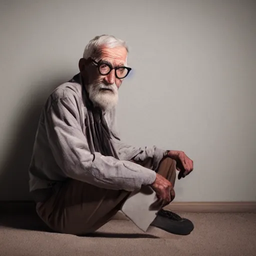 Prompt: a full shot of an old man sitting in the corner of a dimly lit room